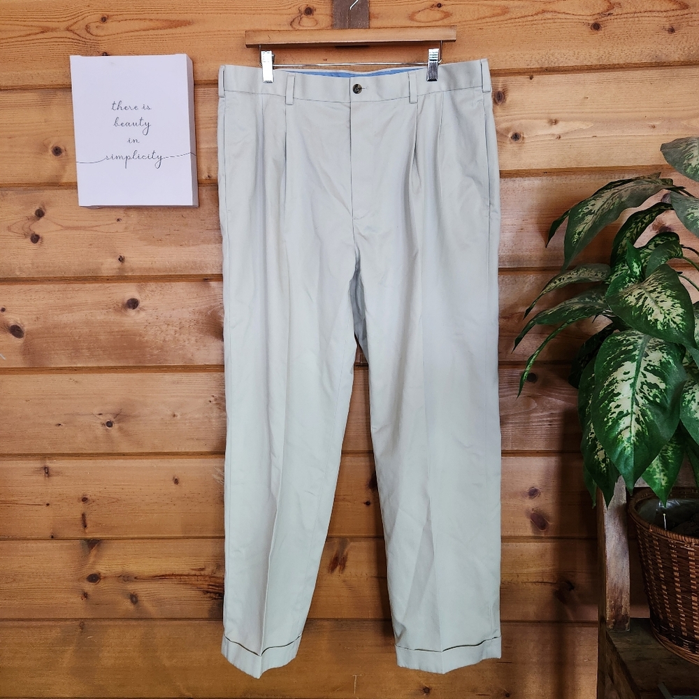 Brooks Brothers Beige Advantage Chino Elliot Pleated Cuffed Slacks Pant 37 X 30"